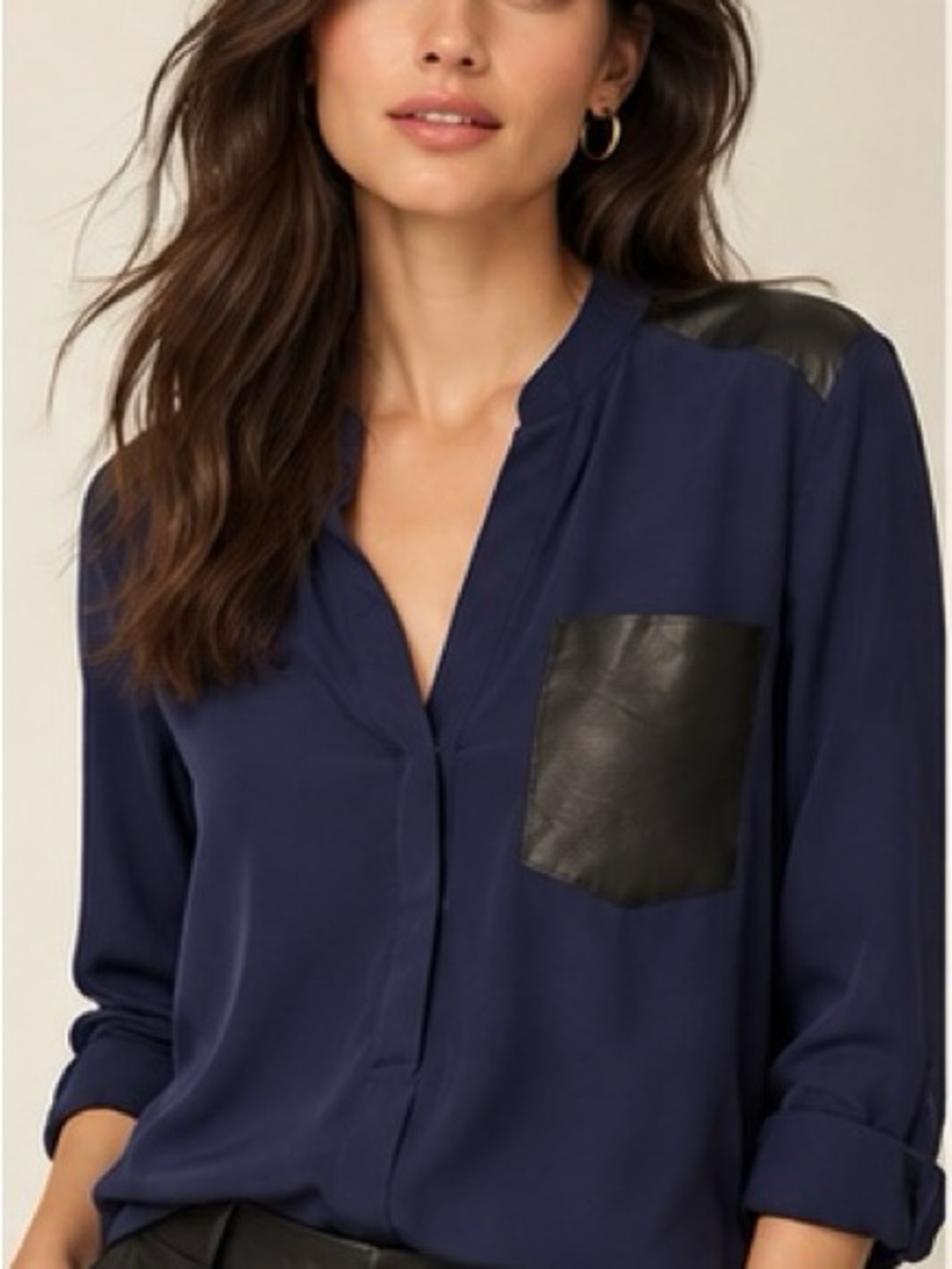 Sandro Paris “Eureka” 100% Silk & Lambskin Leather Blouse | Navy | Size 3 (US L)